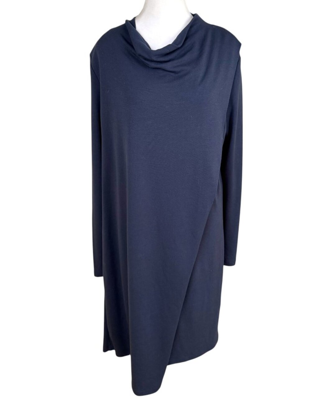 COS Draped Collar Asymmetric Faux Wrap Dress Navy Blue Jersey Long Sleeve (M)